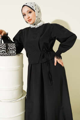 Dantel Detaylı Poplin Jile Elbise Siyah - Elbise