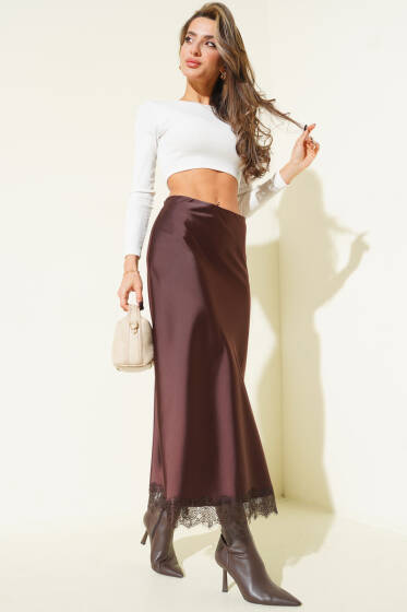 Dantel Detaylı Saten Etek Kahve - Kadın Giyim Modelleri