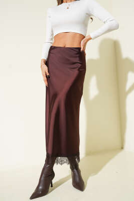Dantel Detaylı Saten Etek Kahve - Kadın Giyim Modelleri