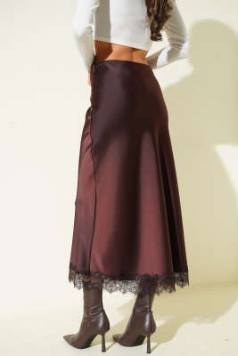 Dantel Detaylı Saten Etek Kahve - Kadın Giyim Modelleri