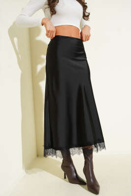 Dantel Detaylı Saten Etek Siyah - Kadın Giyim Modelleri
