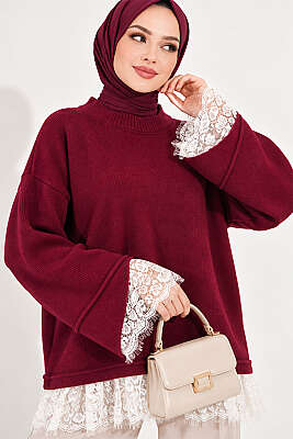 Dantel Detaylı Triko Tunik Bordo - RAFİMİX