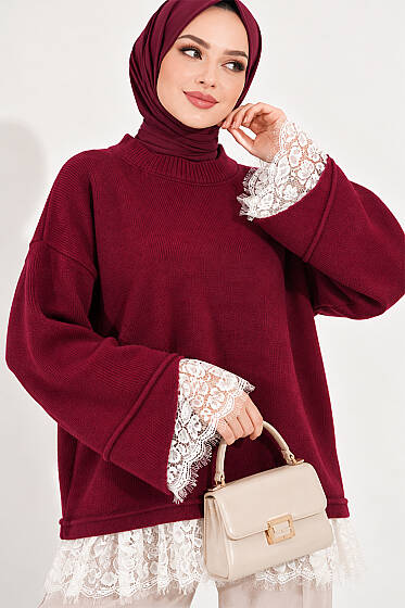 Dantel Detaylı Triko Tunik Bordo - Tunik