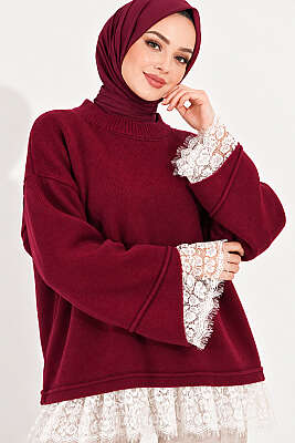 Dantel Detaylı Triko Tunik Bordo - Tunik