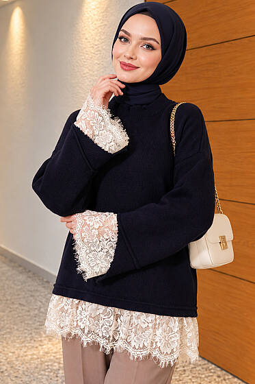Dantel Detaylı Triko Tunik Lacivert - Tunik