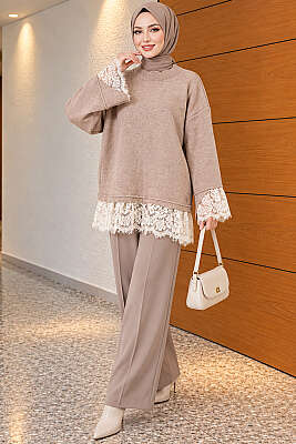 Dantel Detaylı Triko Tunik Latte - Tunik