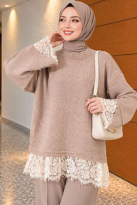 Dantel Detaylı Triko Tunik Latte - Tunik