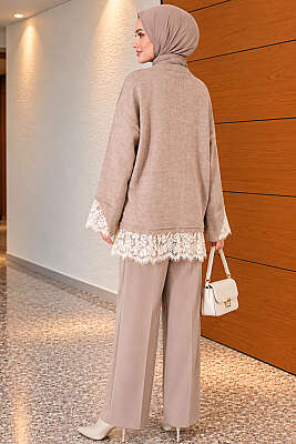 Dantel Detaylı Triko Tunik Latte - Tunik