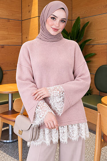 Dantel Detaylı Triko Tunik Pudra - Tunik