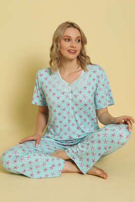 Dantel Detaylı Yaka Düğmeli Çiçek Desenli Pijama Takımı Bebe Mavi - Thumbnail