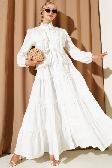 Dantel Fırfırlı Düğmeli Elbise Beyaz - Elbise