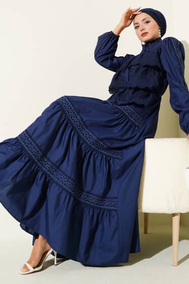 Dantel Fırfırlı Düğmeli Elbise Lacivert - Elbise