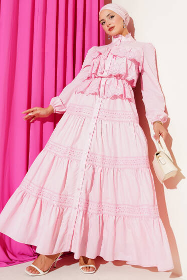 Dantel Fırfırlı Düğmeli Elbise Pembe - Elbise