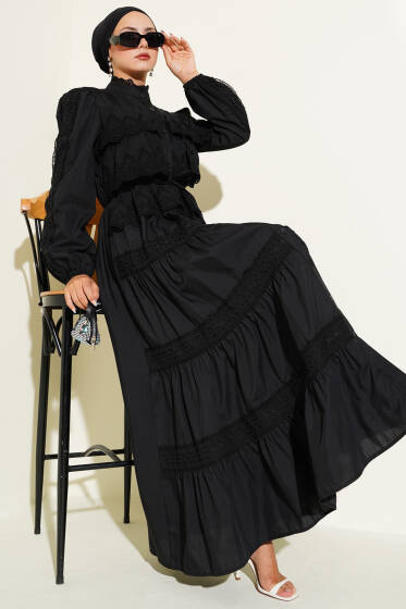 Dantel Fırfırlı Düğmeli Elbise Siyah - Elbise