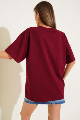 Dantel Fiyonk Baskılı T-shirt Bordo - Kadın Giyim Modelleri