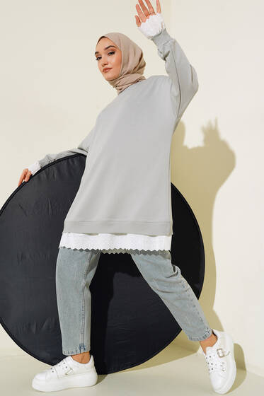 Dantel Garnili Tunik Gri - Tunik