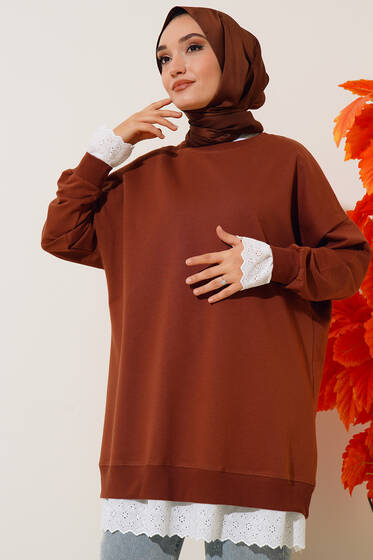 Dantel Garnili Tunik Kahve - Tunik