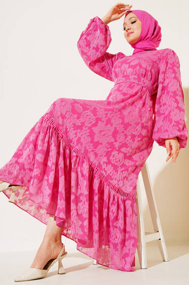 Dantel İşleme Detaylı Elbise Fuşya - Tesettür Elbise