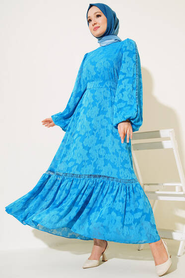 Dantel İşleme Detaylı Elbise İndigo - Tesettür Elbise
