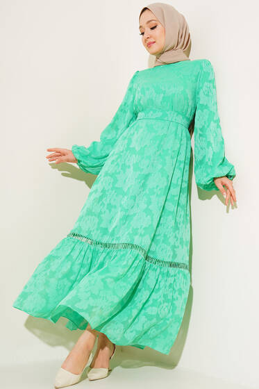 Dantel İşleme Detaylı Elbise Yeşil - Tesettür Elbise