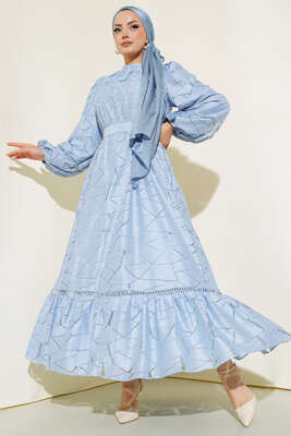 Dantel İşlemeli Elbise Mavi - Thumbnail