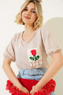 Dantel İşlemeli Keten T-shirt Bej 