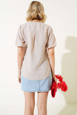 Dantel İşlemeli Keten T-shirt Bej - Kadın Giyim Modelleri