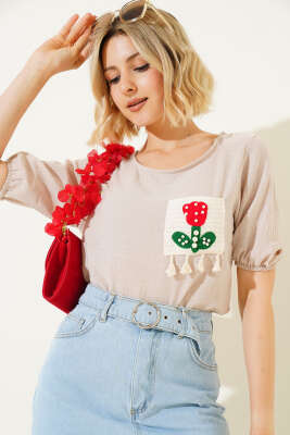 Dantel İşlemeli Keten T-shirt Bej - Kadın Giyim Modelleri