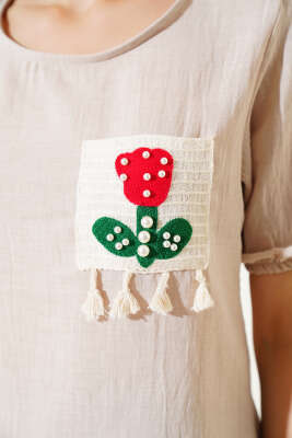 Dantel İşlemeli Keten T-shirt Bej - Kadın Giyim Modelleri