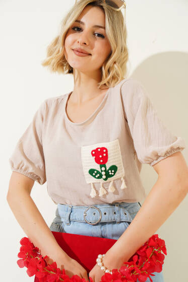 Dantel İşlemeli Keten T-shirt Bej - Yeni Giyim