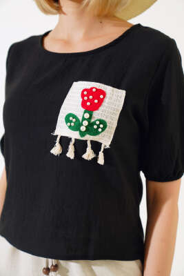 Dantel İşlemeli Keten T-shirt Siyah - Kadın Giyim Modelleri