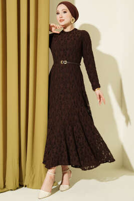 Dantel Kemer Detaylı Elbise Kahve - HEWES