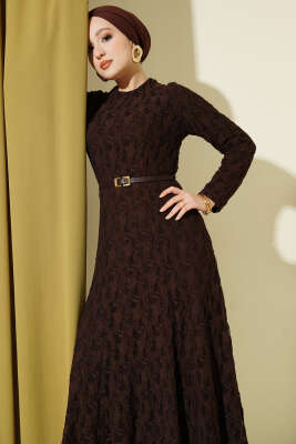 Dantel Kemer Detaylı Elbise Kahve - Elbise