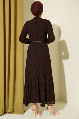 Dantel Kemer Detaylı Elbise Kahve - Elbise