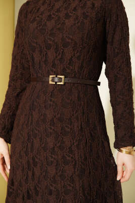 Dantel Kemer Detaylı Elbise Kahve - Elbise