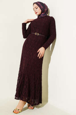 Dantel Kemer Detaylı Elbise Mürdüm - HEWES