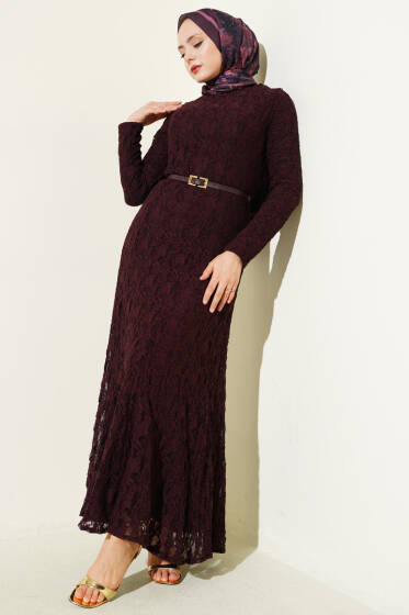 Dantel Kemer Detaylı Elbise Mürdüm - Elbise
