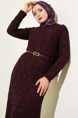 Dantel Kemer Detaylı Elbise Mürdüm - Elbise