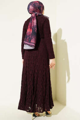 Dantel Kemer Detaylı Elbise Mürdüm - Elbise