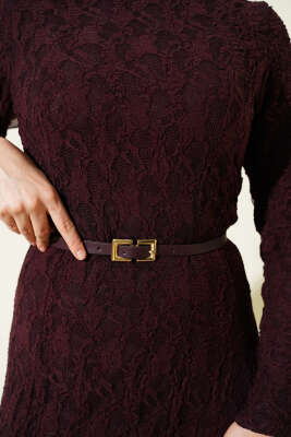 Dantel Kemer Detaylı Elbise Mürdüm - Elbise