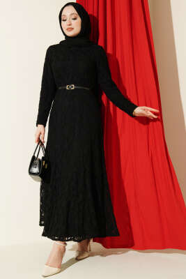 Dantel Kemer Detaylı Elbise Siyah - HEWES