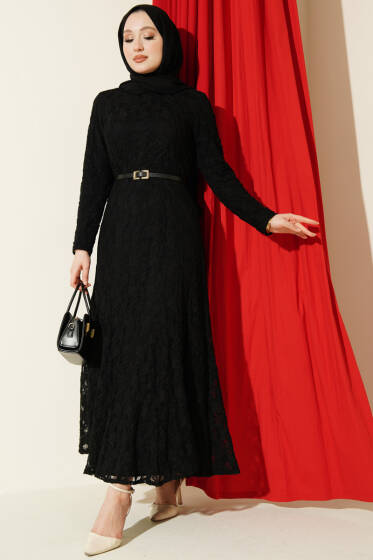 Dantel Kemer Detaylı Elbise Siyah - Elbise