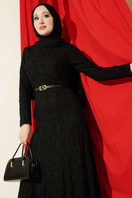 Dantel Kemer Detaylı Elbise Siyah - Elbise