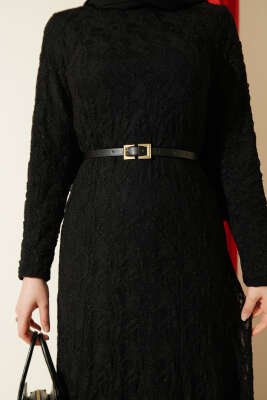 Dantel Kemer Detaylı Elbise Siyah - Elbise