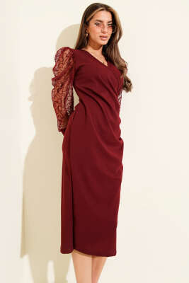 Dantel Kollu V Yaka Midi Elbise Bordo - KİKİ