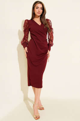 Dantel Kollu V Yaka Midi Elbise Bordo - Kadın Giyim Modelleri