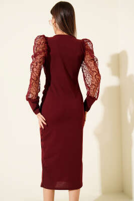 Dantel Kollu V Yaka Midi Elbise Bordo - Kadın Giyim Modelleri