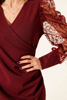 Dantel Kollu V Yaka Midi Elbise Bordo - Kadın Giyim Modelleri