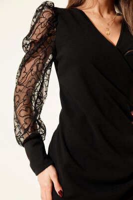 Dantel Kollu V Yaka Midi Elbise Siyah - Günün Seçilenleri