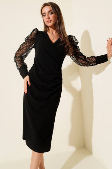 Dantel Kollu V Yaka Midi Elbise Siyah - Kadın Giyim Modelleri